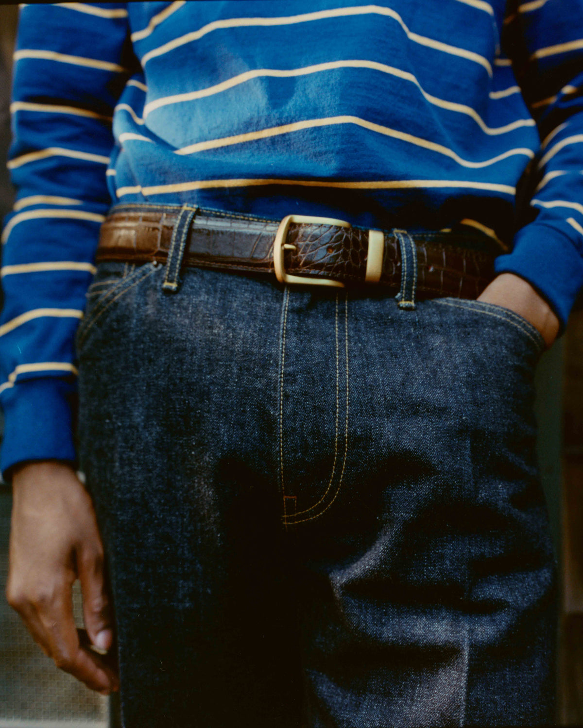 Croc-Embossed Metal Tip Belt