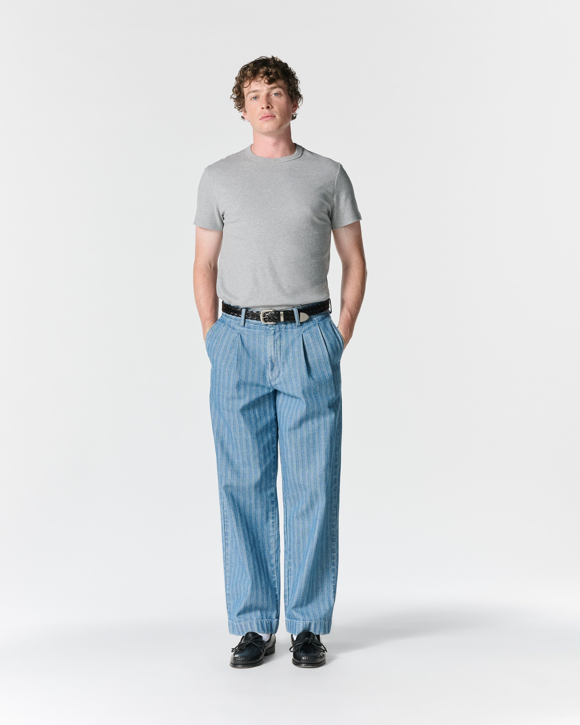 Double-Pleat Herringbone Denim Pant - Noah